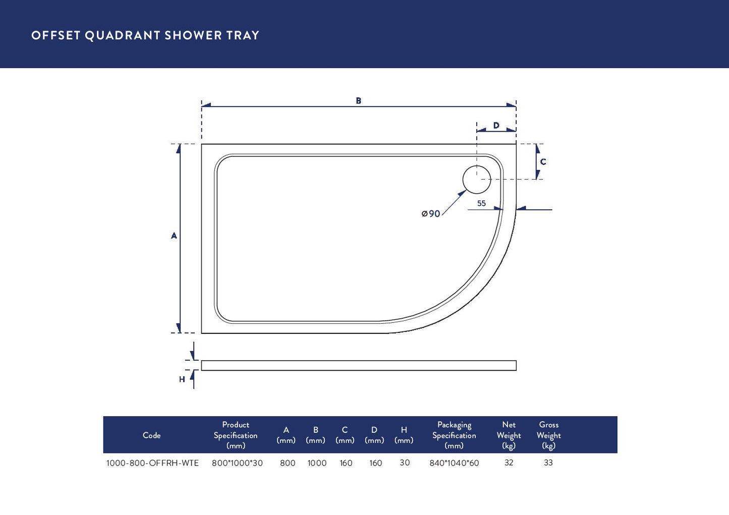 Shires Offset Quad Shower Tray RH 1000 X 800