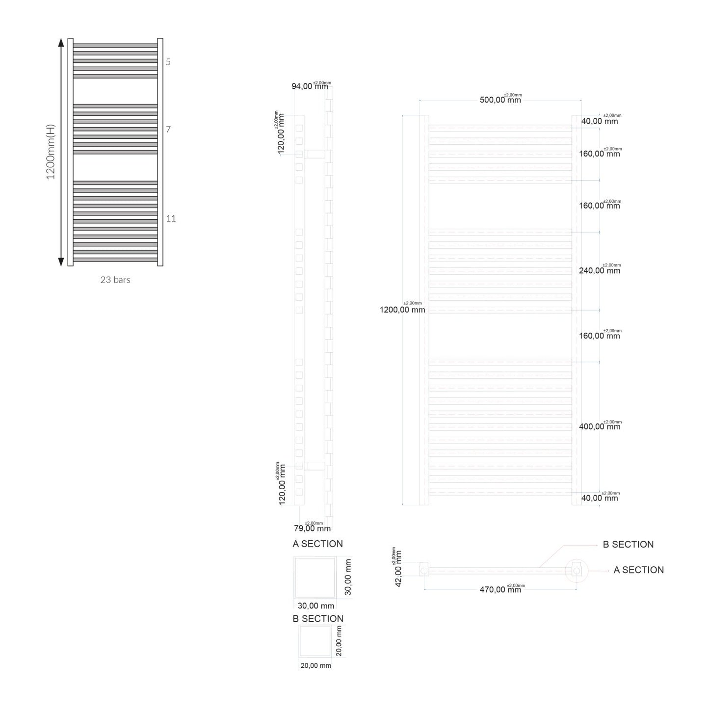 Simona Designer Chrome Towel Rail 500 X 1200