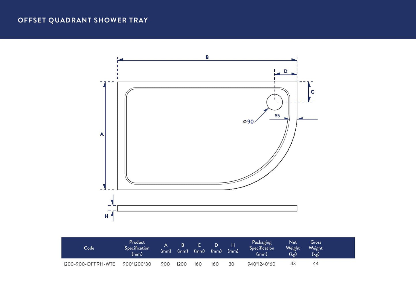 Shires Offset Quad Shower Tray Rh 1200 X 900