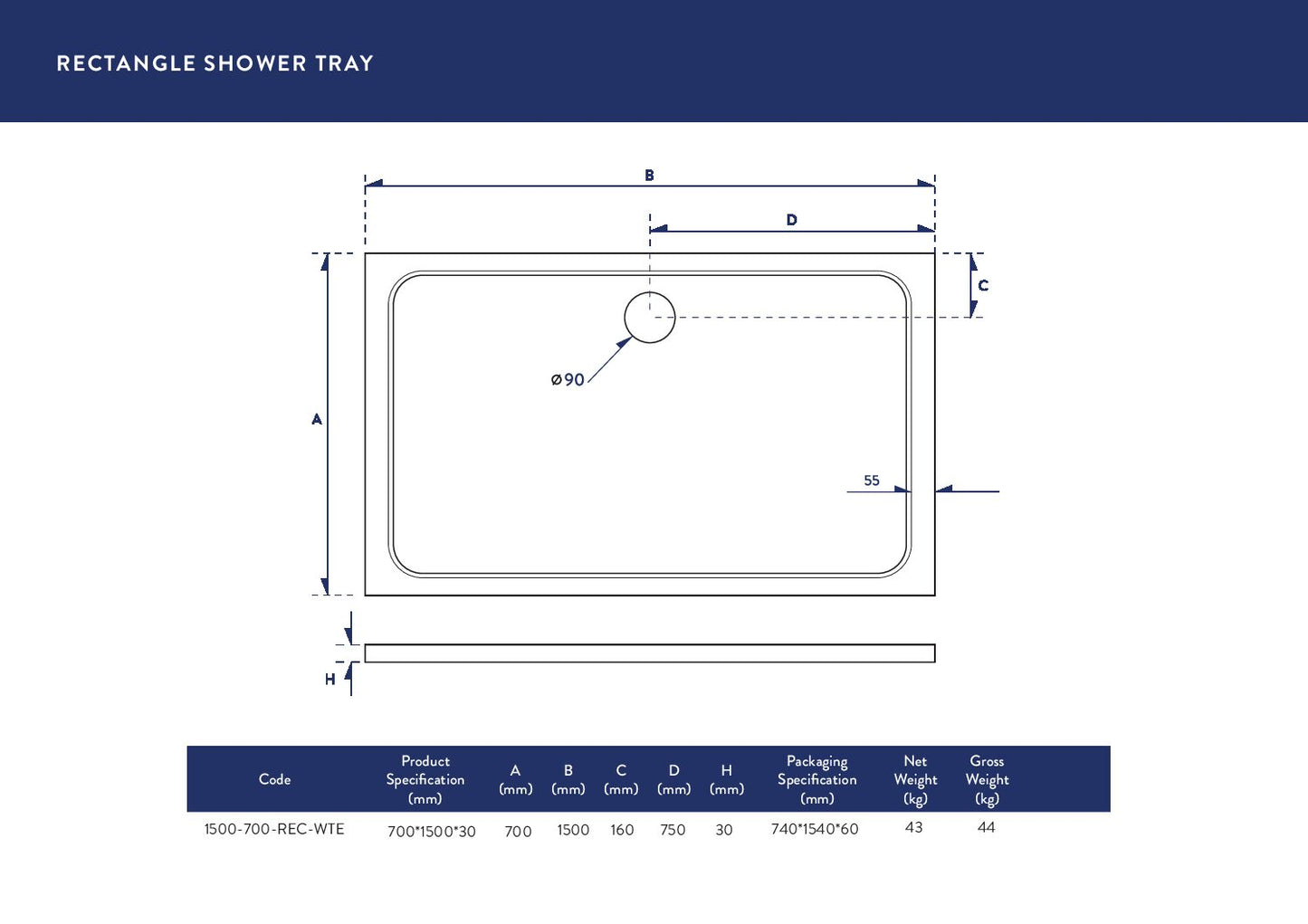 Shires Rectangular Shower Tray 1500 X 700