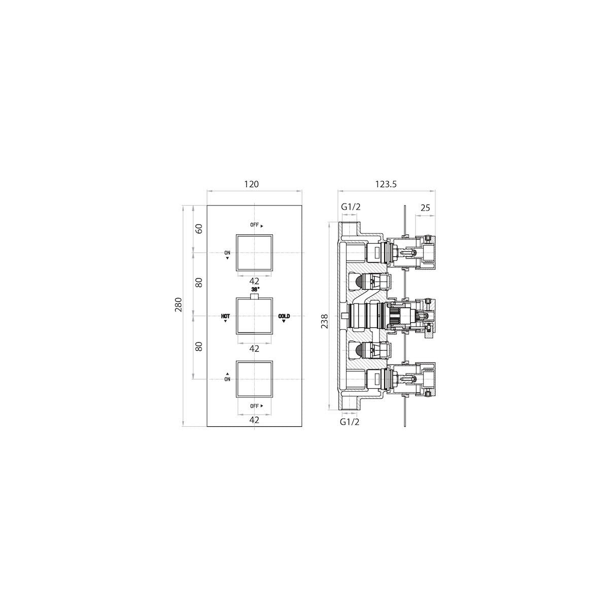 Triple Square Handle, 3 Outlet Concealed Valve with Diverter