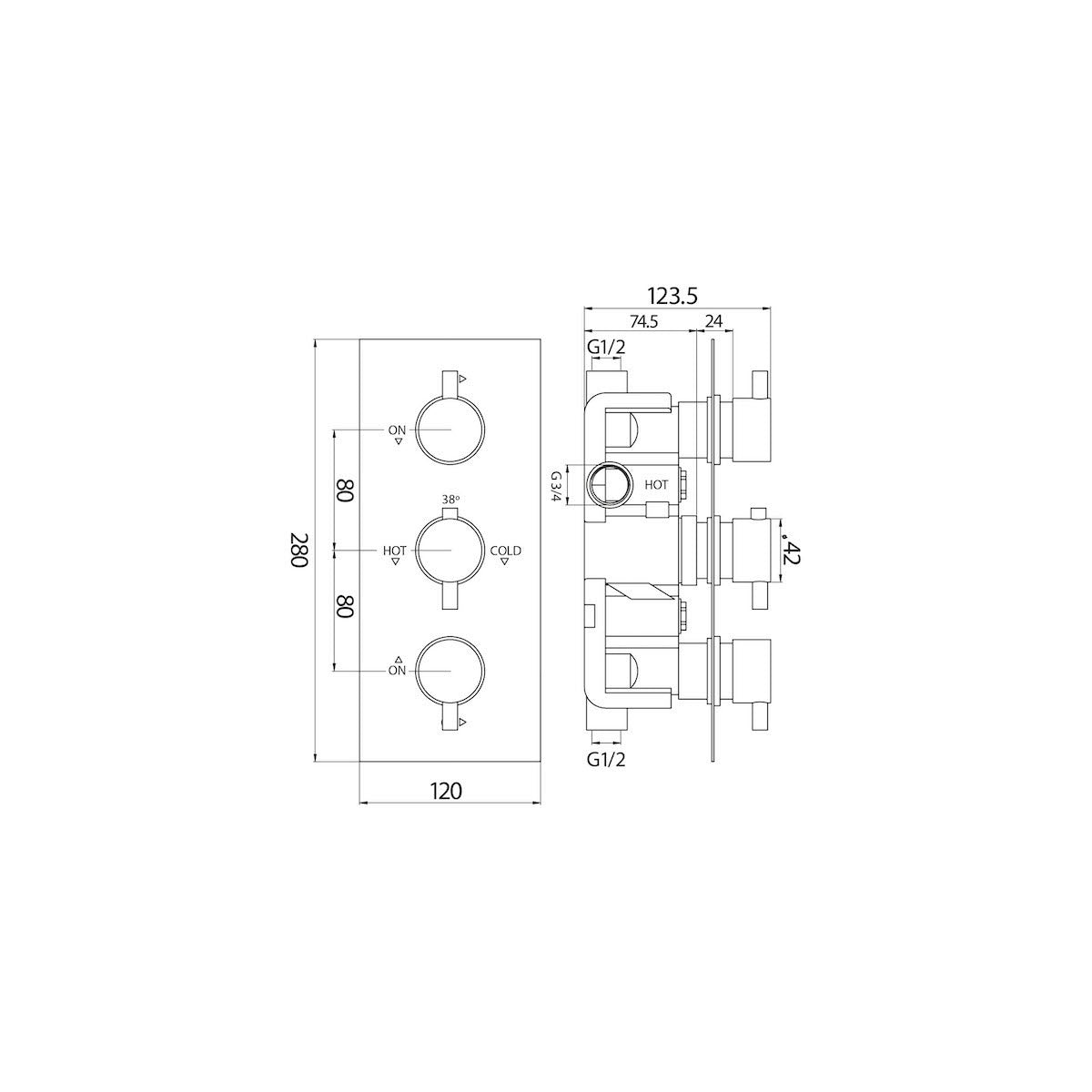 Triple Oval Handle, 3 Outlet Concealed Valve With Diverter