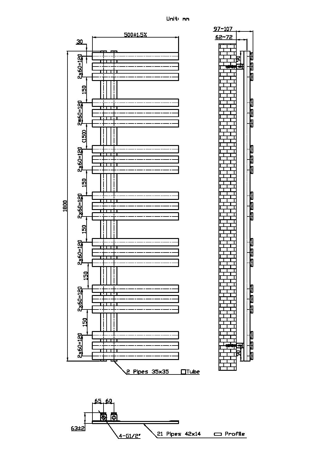 Elizabeth Towel Radiator 600 X 1800
