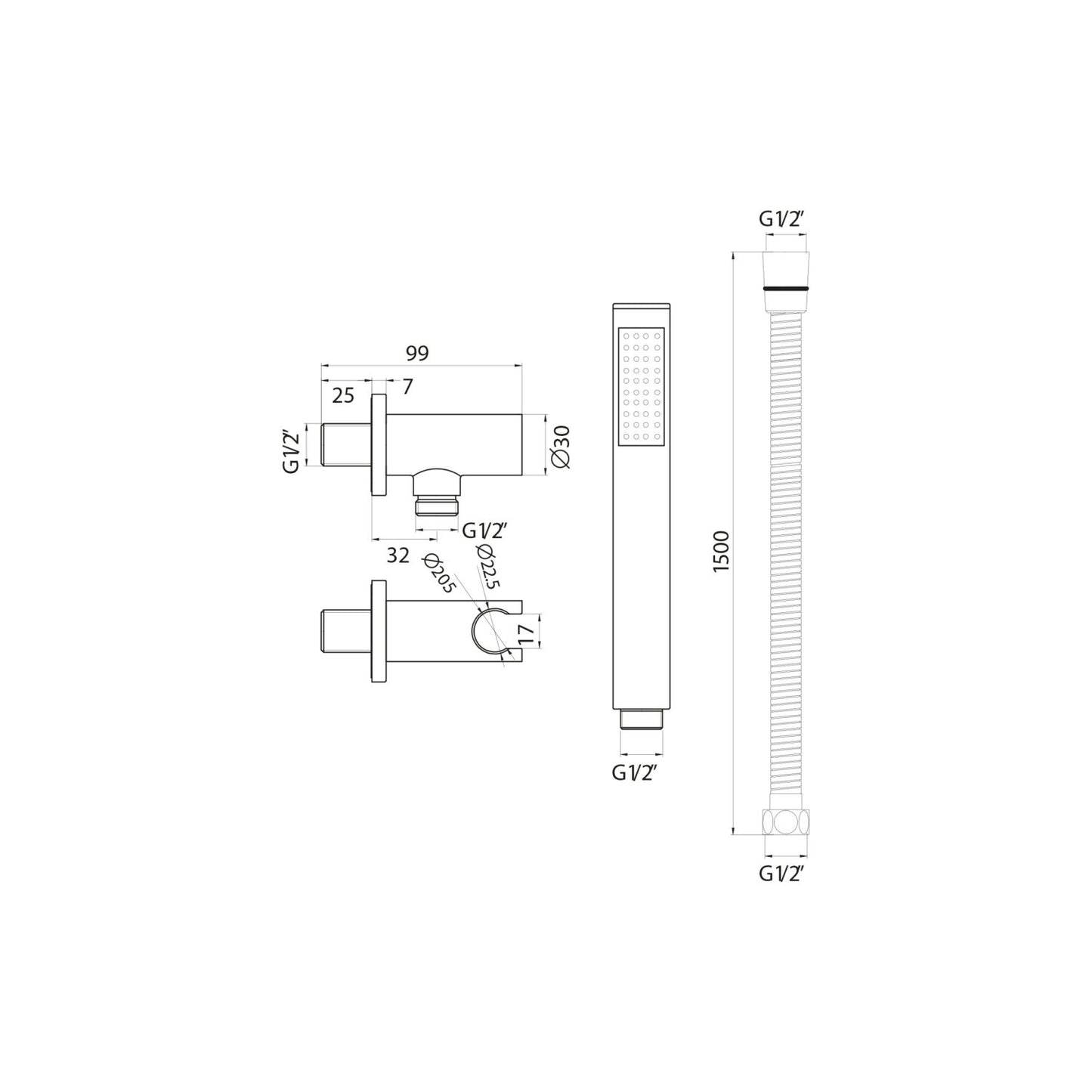 Chrome Round Shower Outlet, Hose & Head
