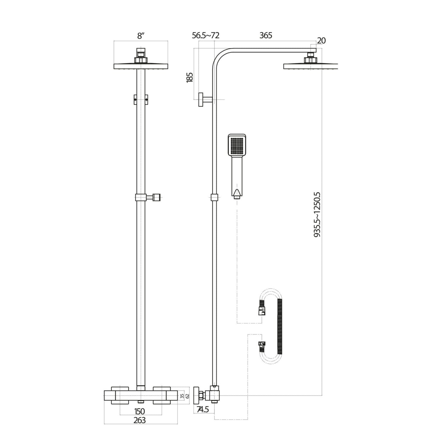Lunar Black Square Rigid Riser Shower
