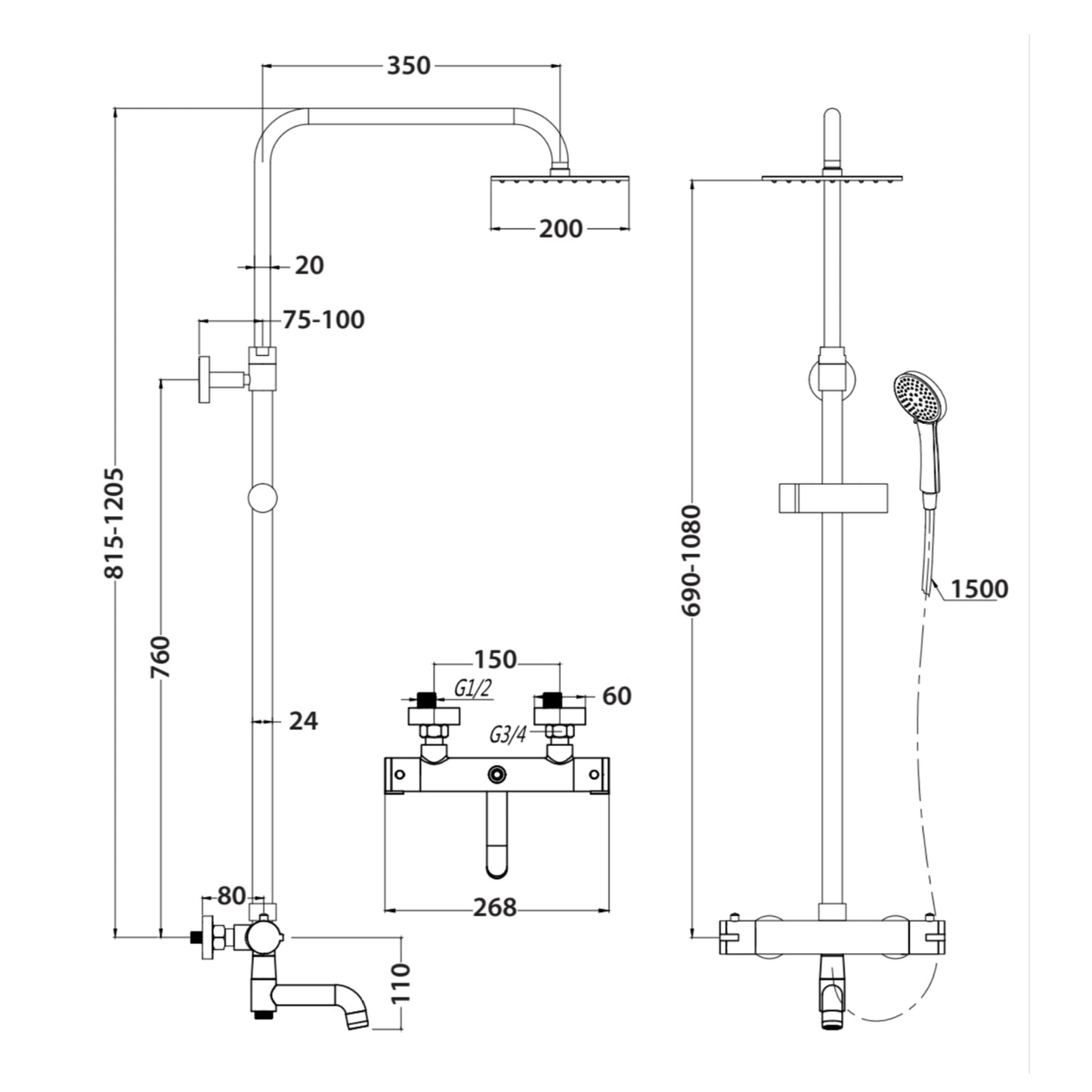 Solar Round Rigid Riser Shower With Bath Filler