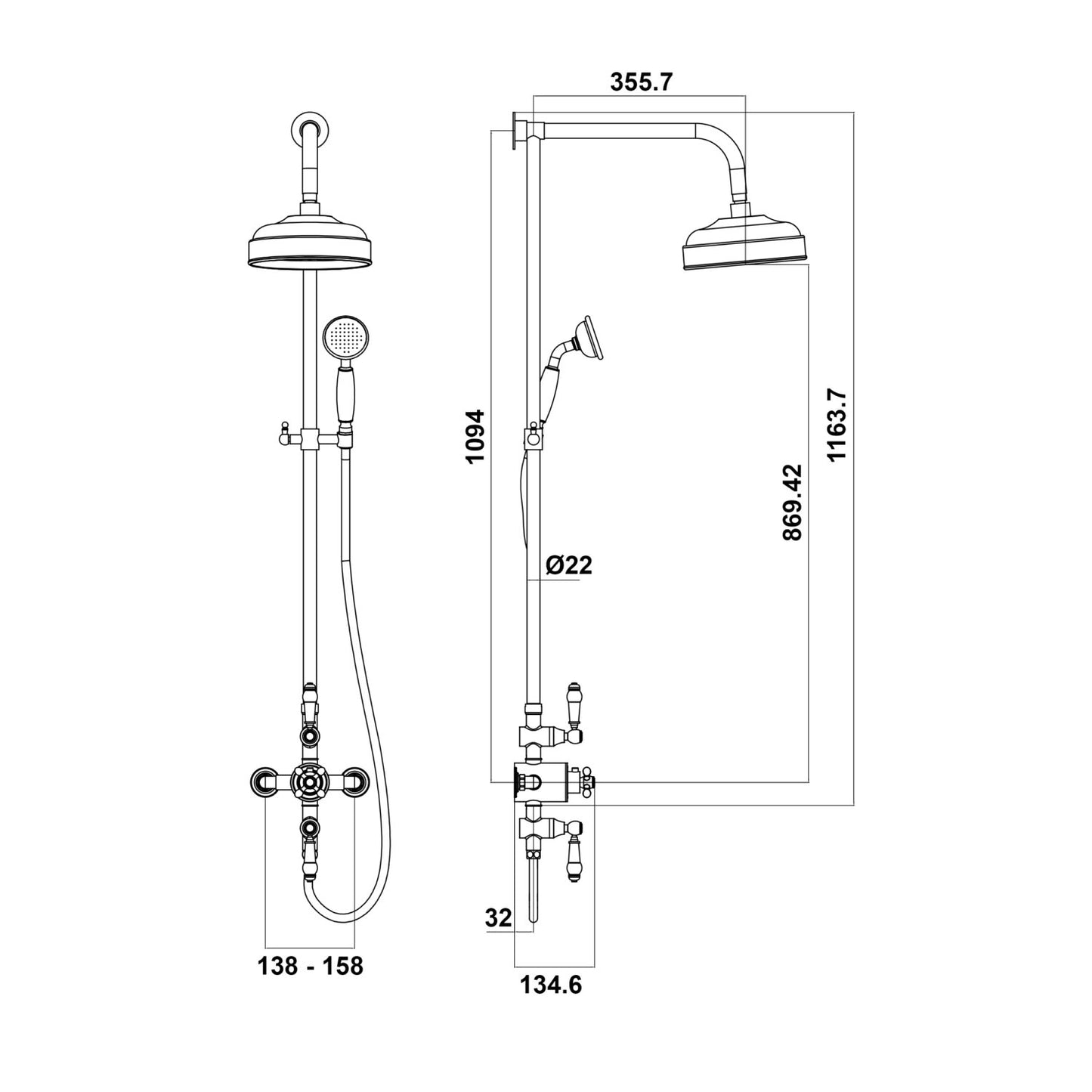 Traditional Rigid Riser Shower with Fixed Head and Handset